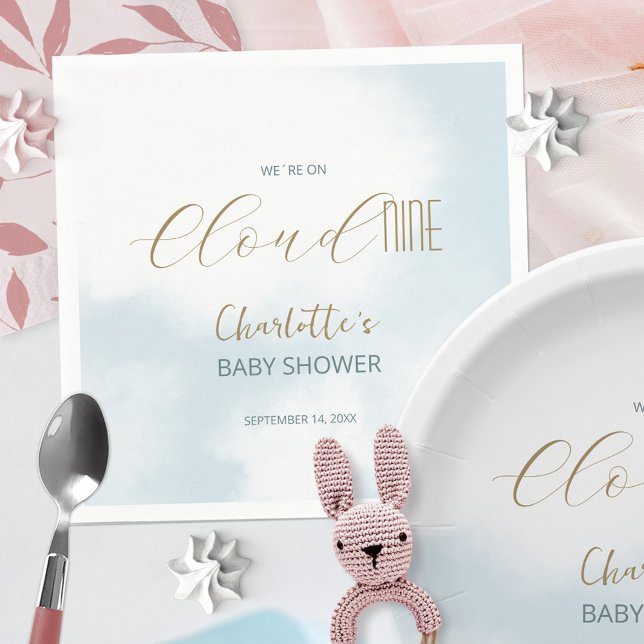 Vi är på Moln 9 Elegant Script Blå Bebisdopp Pappersservett (We´re on Cloud 9 Elegant Script Blue Baby Shower Napkins ©Susanne Sachers - Sunny Mind 🌞)
