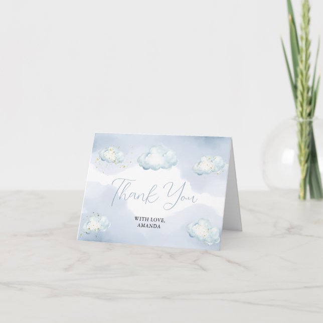 Vi är på moln nio Blå baby shower Tack Kort (Framsida)