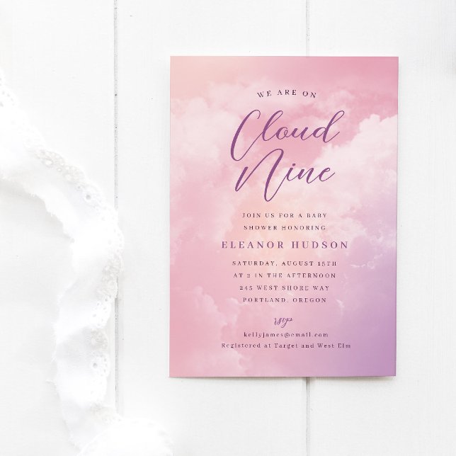 Vi är på Moln Nio Drömmig Pastell Himlen Bebis Bad Inbjudningar (cloud nine baby shower invitation template with dreamy pastel pink sky)