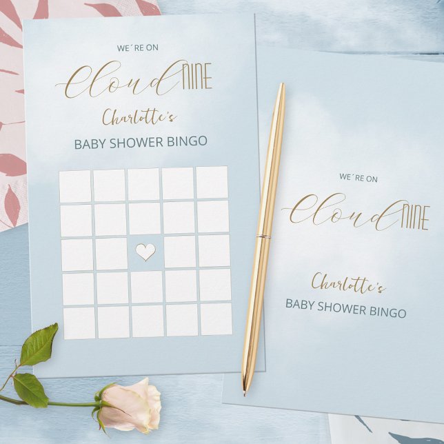 Vi är på Molnet 9 Blått Baby Shower Bingo-spel (We´re on Cloud 9 Blue Baby Shower Bingo Game ©Susanne Sachers - Sunny Mind Design 🌞)