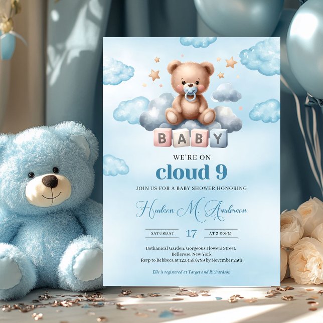Vi är på molnet med nio bruna nallar på molnet inbjudningar (cloud nine cute teddy bear boy baby shower invitation digital)