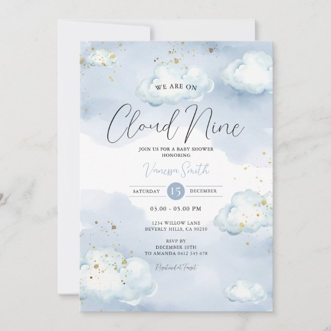 Vi är på molnet Nine Blue Baby Shower Guld Glitter Inbjudningar (Framsida)