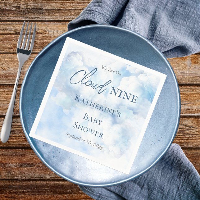 Vi är på molnet Nine Blue Boy Shower Pappersservett ("We Are On Cloud Nine"  Blue Boy Baby Shower Paper Napkins)