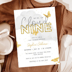 Vi är på molnet Nine Guld Butterflies Baby Shower Inbjudningar