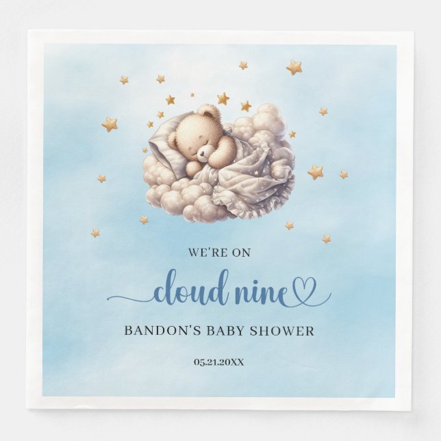 Vi är på molnet, nio sovande nallar pojke pappersservett (Framsida)