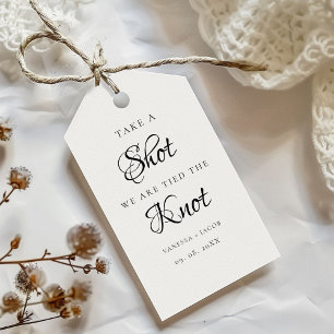 Vi band knatten så ta ett skott bröllopsförmån presentetikett