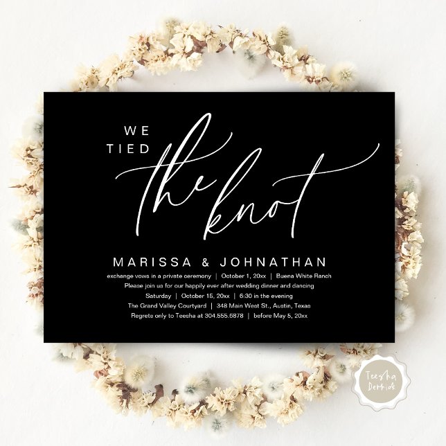 Vi binder ihop Knot Romantic Bröllop Elopement Mid Inbjudningar (We tied the knot, Romantic Wedding Dinner Lunch Brunch Party Reception Invites Card PDF Classy Black)