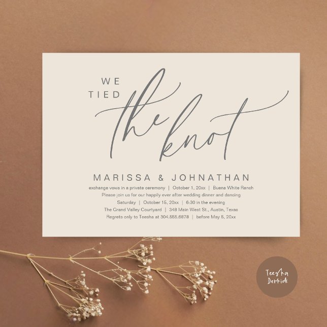 Vi binder ihop Knot Romantic Bröllop Elopement Mid Inbjudningar (We Tied The Knot Romantic Wedding Elopement Dinner Brunch Lunch Party Invites Card PDF Cream Grey)
