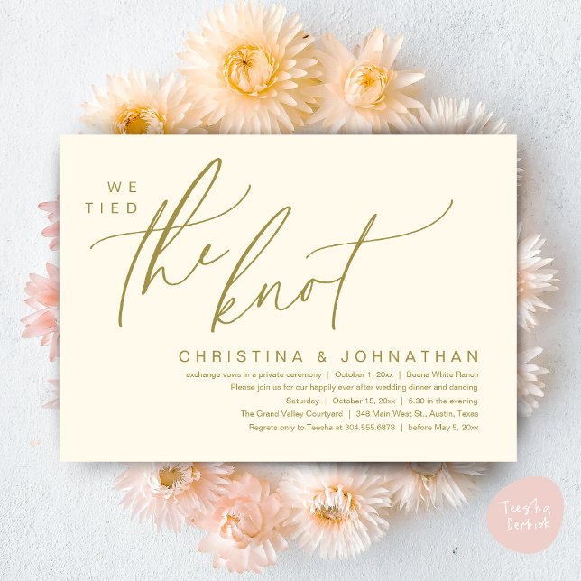 Vi binder ihop Knot Romantic Bröllop Elopement Mid Inbjudningar (We Tied The Knot Romantic Wedding Elopement Dinner Brunch Lunch Party Invites Card PDF Yellow Gold)