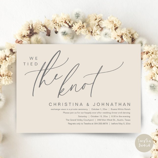 Vi binder ihop Knot Romantic Bröllop Elopement Mid Inbjudningar (We Tied The Knot Romantic Wedding Elopement Dinner Brunch Lunch Party Invites Card PDF Cream Grey)