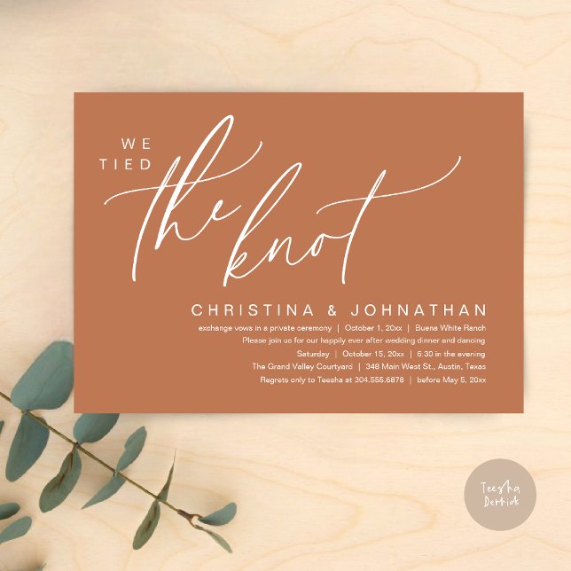 Vi binder ihop Knot Romantic Bröllop Elopement Mid Inbjudningar (We Tied The Knot Romantic Wedding Elopement Dinner Brunch Lunch Party Invites Card PDF Copper Brown)