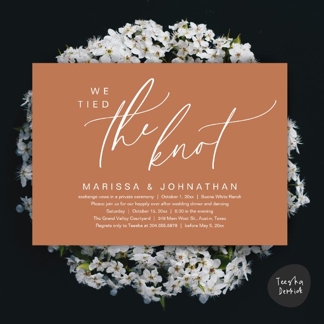 Vi binder ihop Knot Romantic Bröllop Elopement Mid Inbjudningar (We Tied The Knot Romantic Wedding Elopement Dinner Brunch Lunch Party Invites Card PDF Copper Brown)