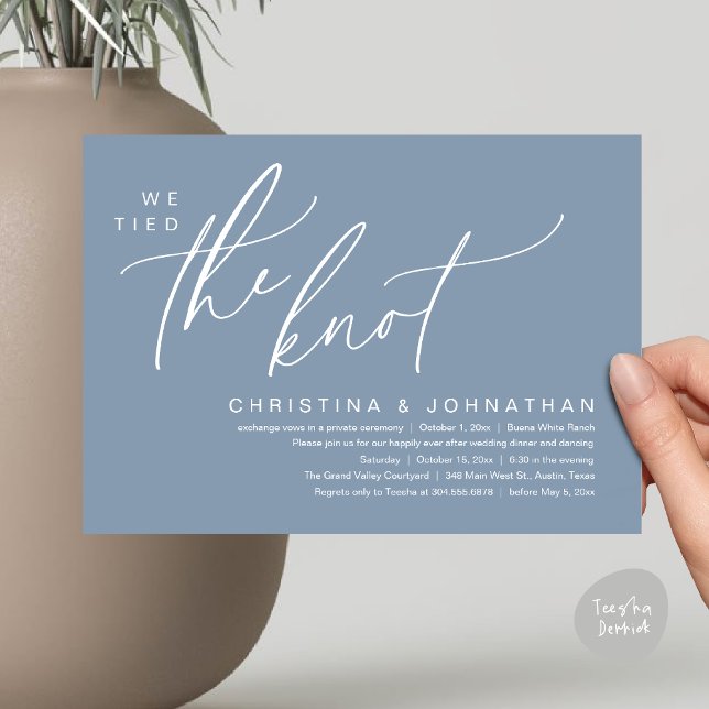 Vi binder ihop Knot Romantic Bröllop Elopement Mid Inbjudningar (We Tied The Knot Romantic Wedding Elopement Dinner Brunch Lunch Party Invites Card PDF Dusty Blue)
