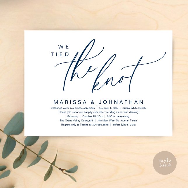 Vi binder ihop Knot Romantic Bröllop Elopement Mid Inbjudningar (We tied the knot, Romantic Wedding Dinner Lunch Brunch Party Reception Invites Card PDF Navy Blue)