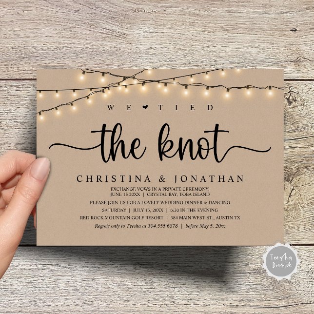 Vi binder Knot, Bröllop-middagsövningen Inbjudningar (We Tied The Knot, Rustic Wedding Dinner Elopement Invitation Card, PDF, String Lights Brown Kraft)