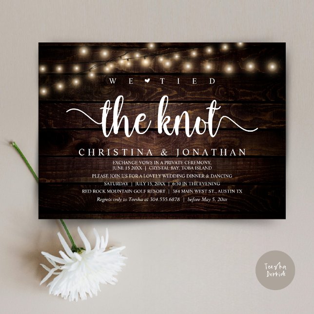 Vi binder Knot, Bröllop-middagsövningen Inbjudningar (We Tied The Knot, Rustic Wedding Dinner Elopement Invitation card, pdf, in cottage dark wood)