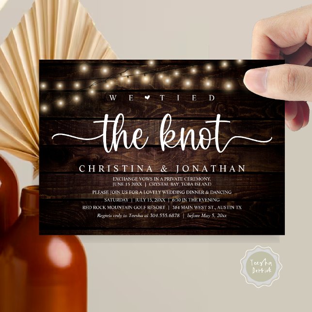 Vi binder Knot, Bröllop-middagsövningen Inbjudningar (We Tied The Knot, Rustic Wedding Dinner Elopement Invitation card, pdf, in cottage dark wood)