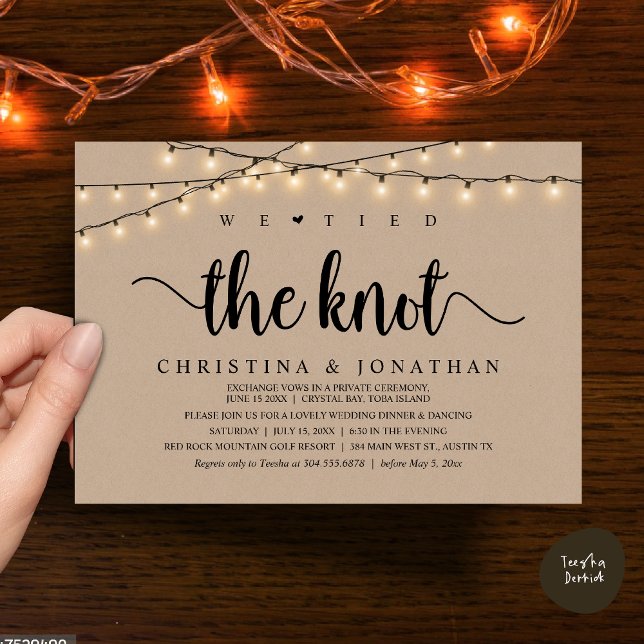 Vi binder Knot, Bröllop-middagsövningen Inbjudningar (We Tied The Knot, Rustic Wedding Dinner Elopement Invitation Card, PDF, String Lights Brown Kraft)