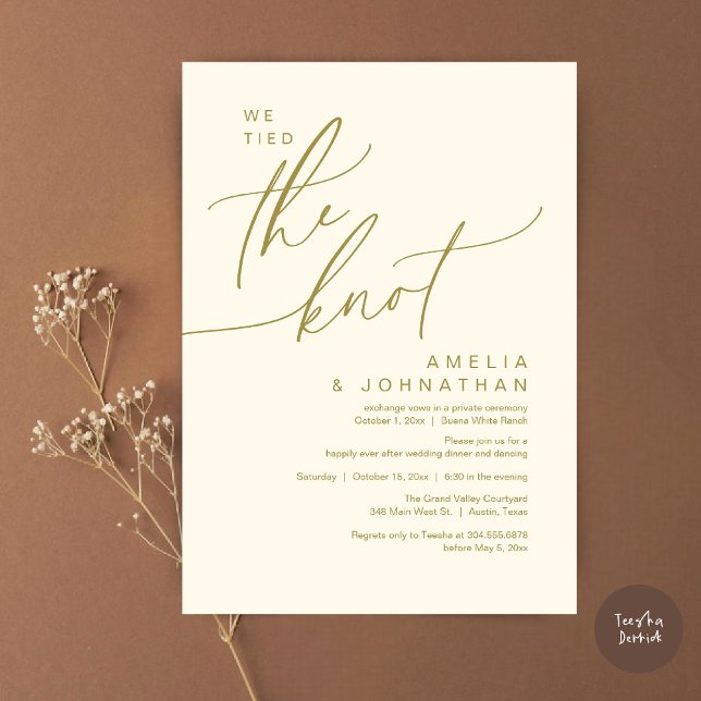 Vi binder knut, Romantic Bröllop Party Inbjudningar (We tied the knot, Romantic Wedding Dinner Lunch Brunch Party Reception Invites Card PDF Yellow Gold)