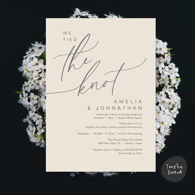 Vi binder knut, Romantic Bröllop Party Inbjudningar (We tied the knot, Romantic Wedding Dinner Lunch Brunch Party Reception Invites Card PDF Cream Grey)
