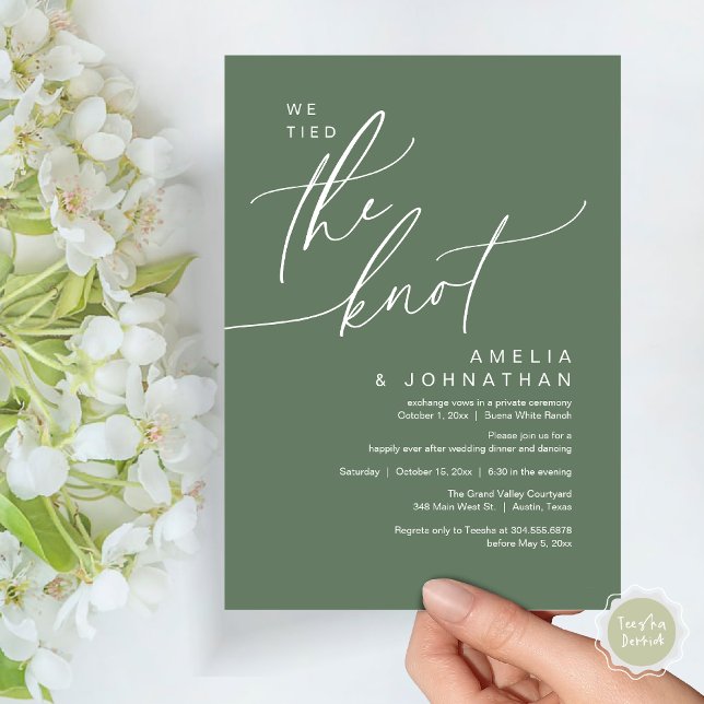 Vi binder knut, Romantic Bröllop Party Inbjudningar (We tied the knot, Romantic Wedding Dinner Lunch Brunch Party Reception Invites Card PDF Sage Green)