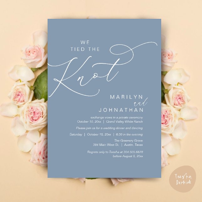 Vi binder knuten, Bröllop Elopement Dinner Party Inbjudningar (We tied the knot, Wedding Elopement Dinner Romantic Modern Party Invitation Card PDF Dusty Blue)