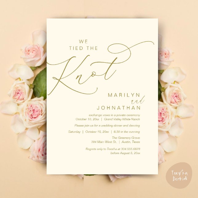 Vi binder knuten, Bröllop Elopement Dinner Party Inbjudningar (We tied the knot, Wedding Elopement Dinner Romantic Modern Party Invitation Card PDF Yellow Gold)