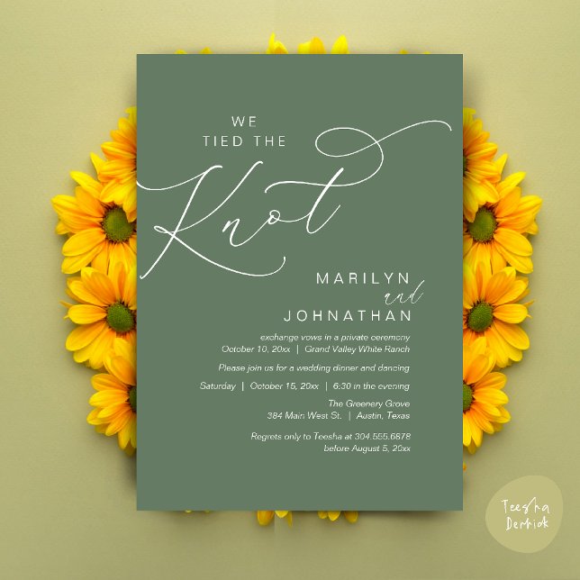Vi binder knuten, Bröllop Elopement Dinner Party Inbjudningar (We tied the knot, Wedding Elopement Dinner Romantic Modern Party Invitation Card PDF Sage Green)
