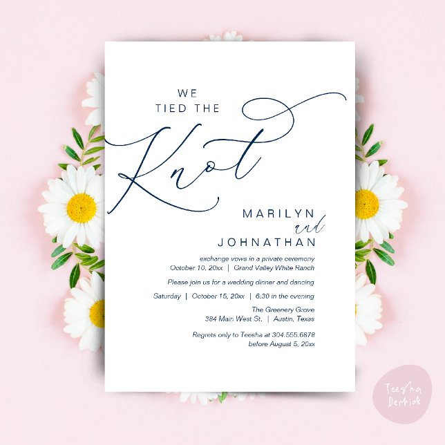Vi binder knuten, Bröllop Elopement Dinner Party Inbjudningar (We tied the knot, Wedding Elopement Dinner Romantic Modern Party Invitation Card PDF Navy Blue)