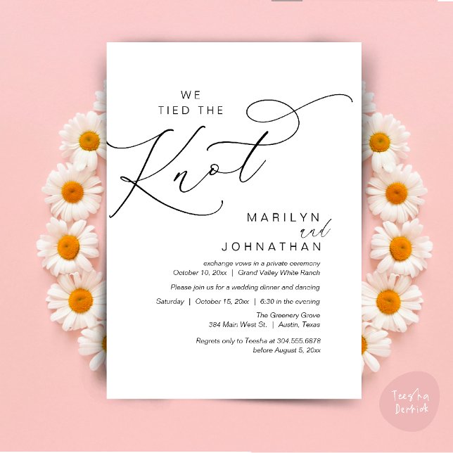 Vi binder knuten, Bröllop Elopement Dinner Party Inbjudningar (We tied the knot, Wedding Elopement Dinner Romantic Modern Party Invitation Card PDF White Black)
