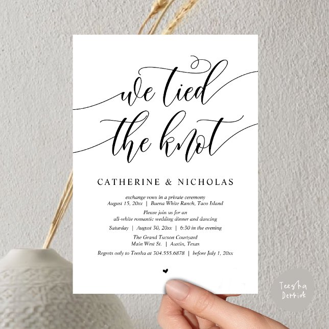Vi binder knuten, Bröllop Elopement Dinner Party Inbjudningar (We tied the knot, Modern Wedding Elopement Dinner Party Wine Invitation Card PDF White Black)