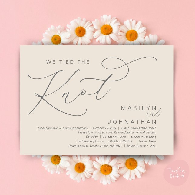 Vi binder samman Knot, Bröllop Elopement Dinner Pa Inbjudningar (We tied the knot, Wedding Elopement Dinner Romantic Modern Party Invitation Card PDF Cream Grey)