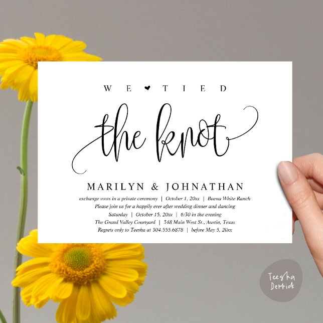 Vi binder samman Knot, Bröllop Elopement Dinner Pa Inbjudningar (We Tied The Knot, Modern Wedding Elopement Dinner Party Invitation Card PDF Classy Black White)