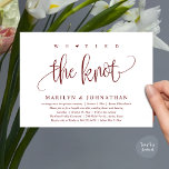 Vi binder samman Knot, Bröllop Elopement Dinner Pa Inbjudningar<br><div class="desc">Markera början på din evighet med elegans med hjälp av vårt contemporary burgundy vin röda tema bröllop elopement firande inbjudningskort: "Vi binder knuten till knuten". Perfekt för par att utvidga sitt glada tillfälle, denna inbjudan är sofistikerad med en antydan om spelaktsamhet, som anger en minnesvärd händelse. Med ett modernt tema...</div>