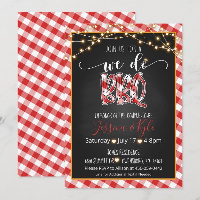 Vi bjuder in till BBQ - Gingham Inbjudningar (Fram/baksida)