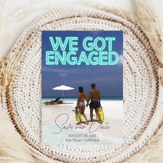 Vi blev förlovade Teal Neonljus Foto Spara Datumet