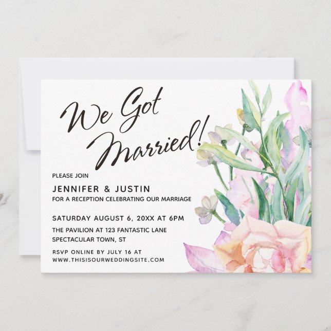 Vi Blev Gifta Konstnärlig Akvarell Blomsterbukett Inbjudningar (Framsida)