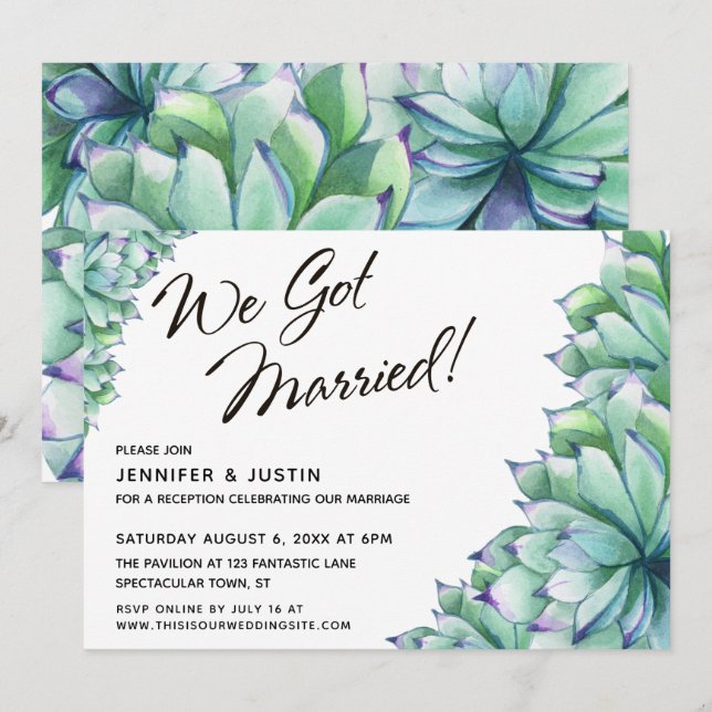 Vi blev gifta manus med vattenfärgssucculenter inbjudningar (Fram/baksida)