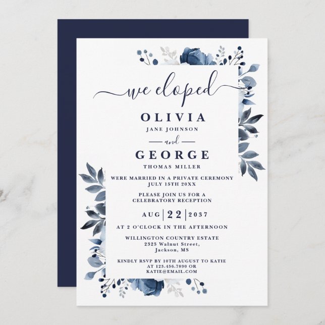 Vi Elope Blue Botanical Blommigt Bröllop Elopement Inbjudningar (Fram/baksida)