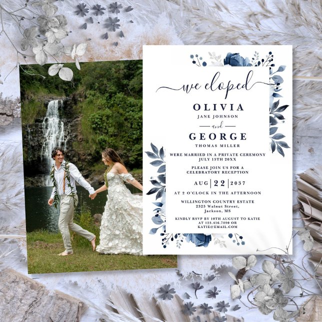 Vi Elope Blue Botanical Blommigt Elopement Photo Inbjudningar (We Eloped Blue Botanical Floral Elopement Photo Invitation)