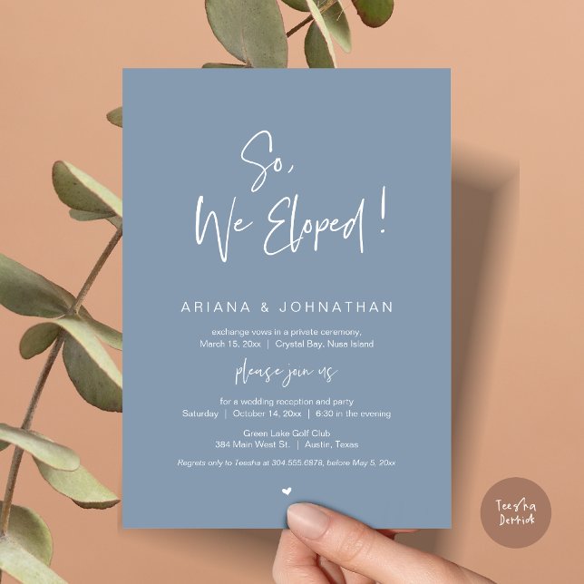 Vi Elope, Bröllop Elopement, i Dusty Blue Inbjudningar (So, We Eloped, Modern Wedding Elopement Dinner Invitation Card, PDF, in Dusty Blue)