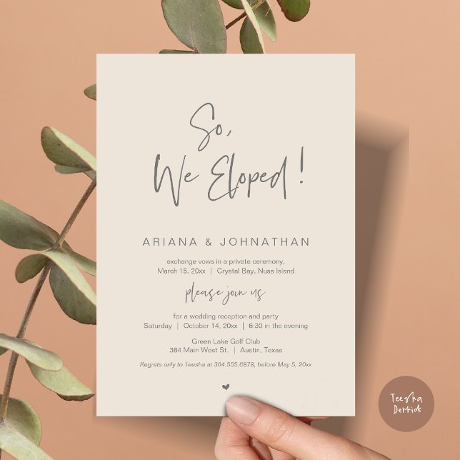 Vi Elope, Bröllop Elopement, i Grått Cream Inbjudningar (So, We Eloped, Modern Wedding Elopement Dinner Invitation Card, PDF, in Cream and Grey)