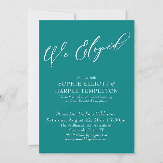 Vi Elope, Elegant Simple Teal Firande Inbjudningar (Framsida)