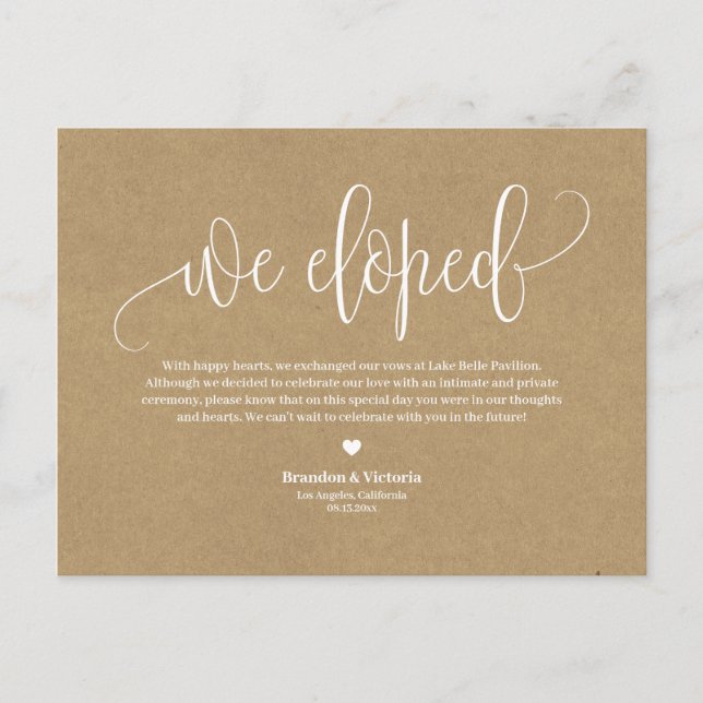 Vi Elope | Kraft Papper Söt Script Elopement Meddelande Vykort (Framsida)
