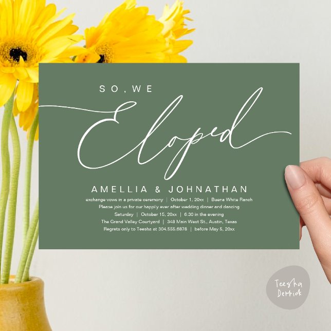 Vi Elope, Romantic Bröllop Elopement Party Inbjudningar (So, We Eloped, Modern Romantic Wedding Dinner Brunch Lunch Party Invitation Card PDF Sage Green)