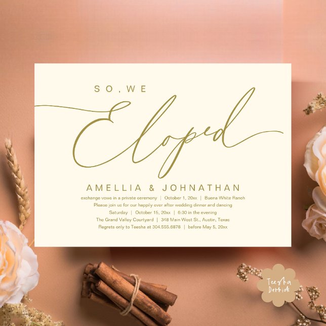 Vi Elope, Romantic Bröllop Elopement Party Inbjudningar (So, We Eloped, Modern Romantic Wedding Dinner Brunch Lunch Party Invitation Card PDF Yellow Gold)
