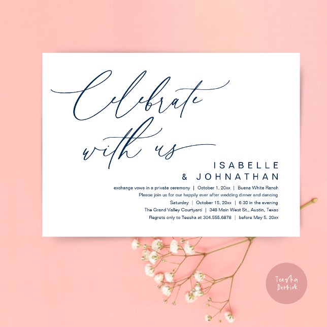 Vi Elope, Romantic Bröllop Party Inbjudningar (Romantic Wedding Dinner Party, Celebrate with us Lunch Brunch Modern Invites Card  PDF Navy Blue)