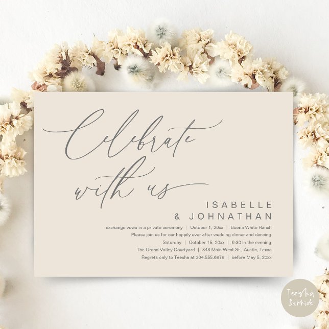 Vi Elope, Romantic Bröllop Party Inbjudningar (Romantic Wedding Dinner Party, Celebrate with us Lunch Brunch Modern Invites Card  PDF Cream Grey)