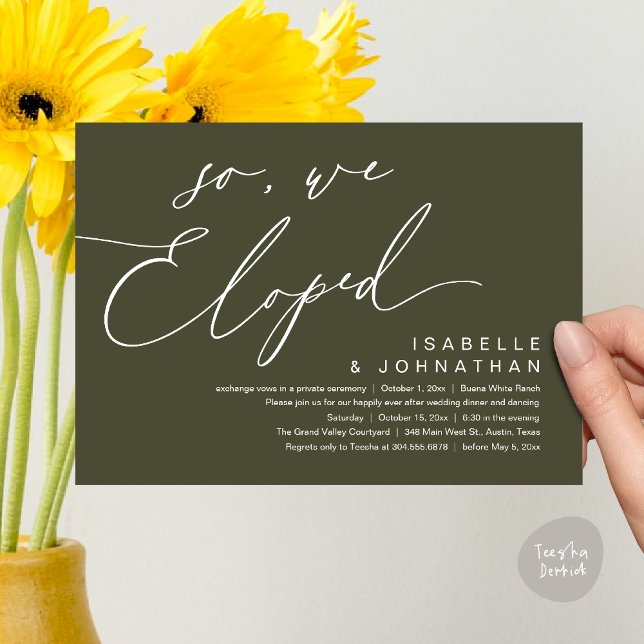 Vi Elope, Romantic Bröllop Party Inbjudningar (So, We Eloped, Modern Romantic Wedding Dinner Brunch Lunch Party Invitation Card PDF Olive Green)