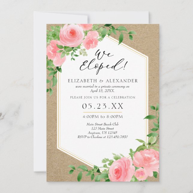 Vi Eloped Kraft Rosa Blommigt Bröllop Elopement Inbjudningar (Framsida)